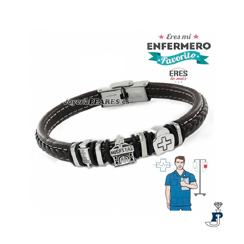 Pulsera de PROMOJOYA  en cuero y Plata, profesión ENFERMERO. - 162.9109456