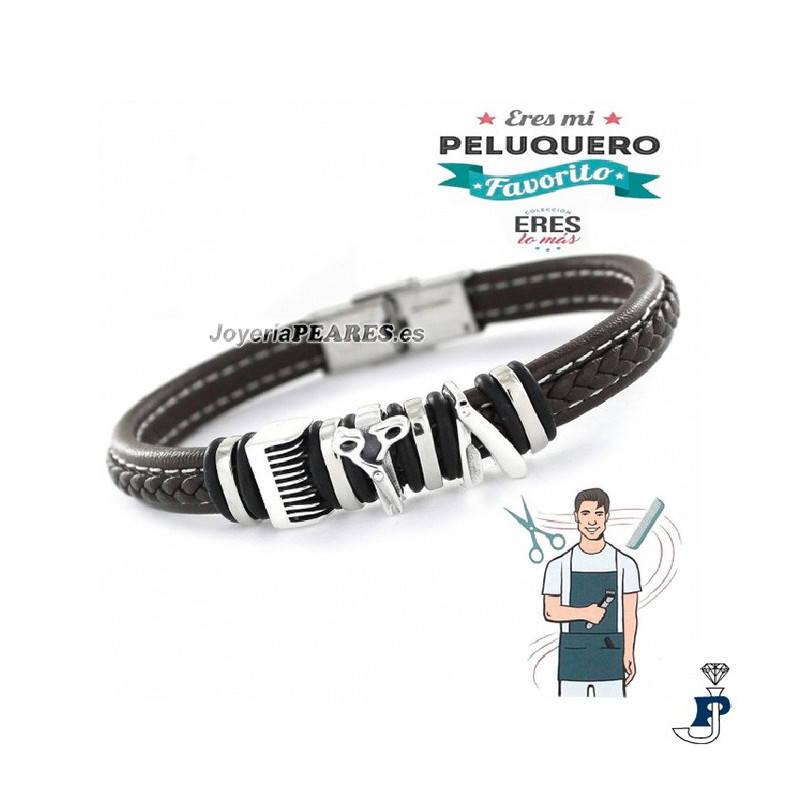 Pulsera de PROMOJOYA en cuero y Plata, profesión PELUQUERO. - 162.9109458
