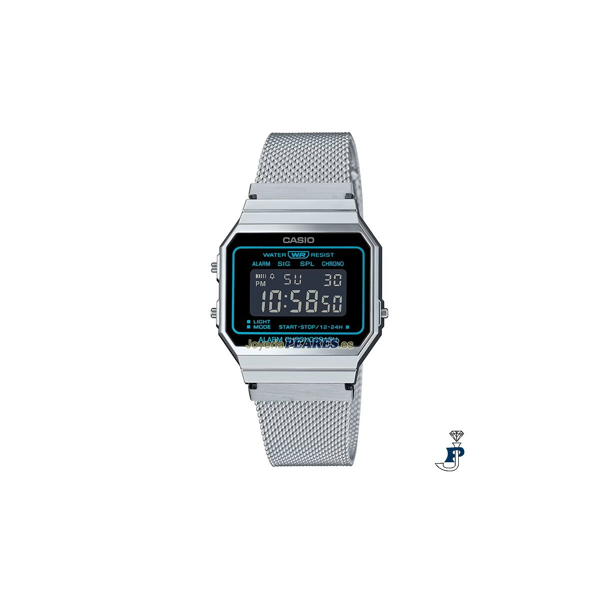 Reloj Casio digital, malla milanesa vintage 82. - A-700WEMS-1B