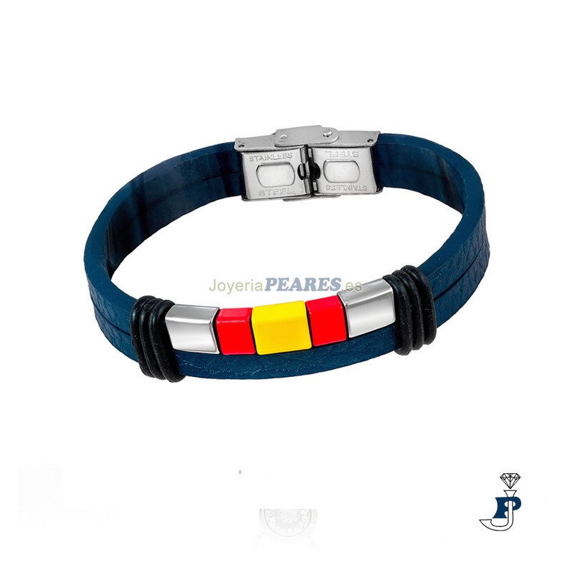 Pulsera de cuero azul y acero con la bandera de España. - 182.167-A9H