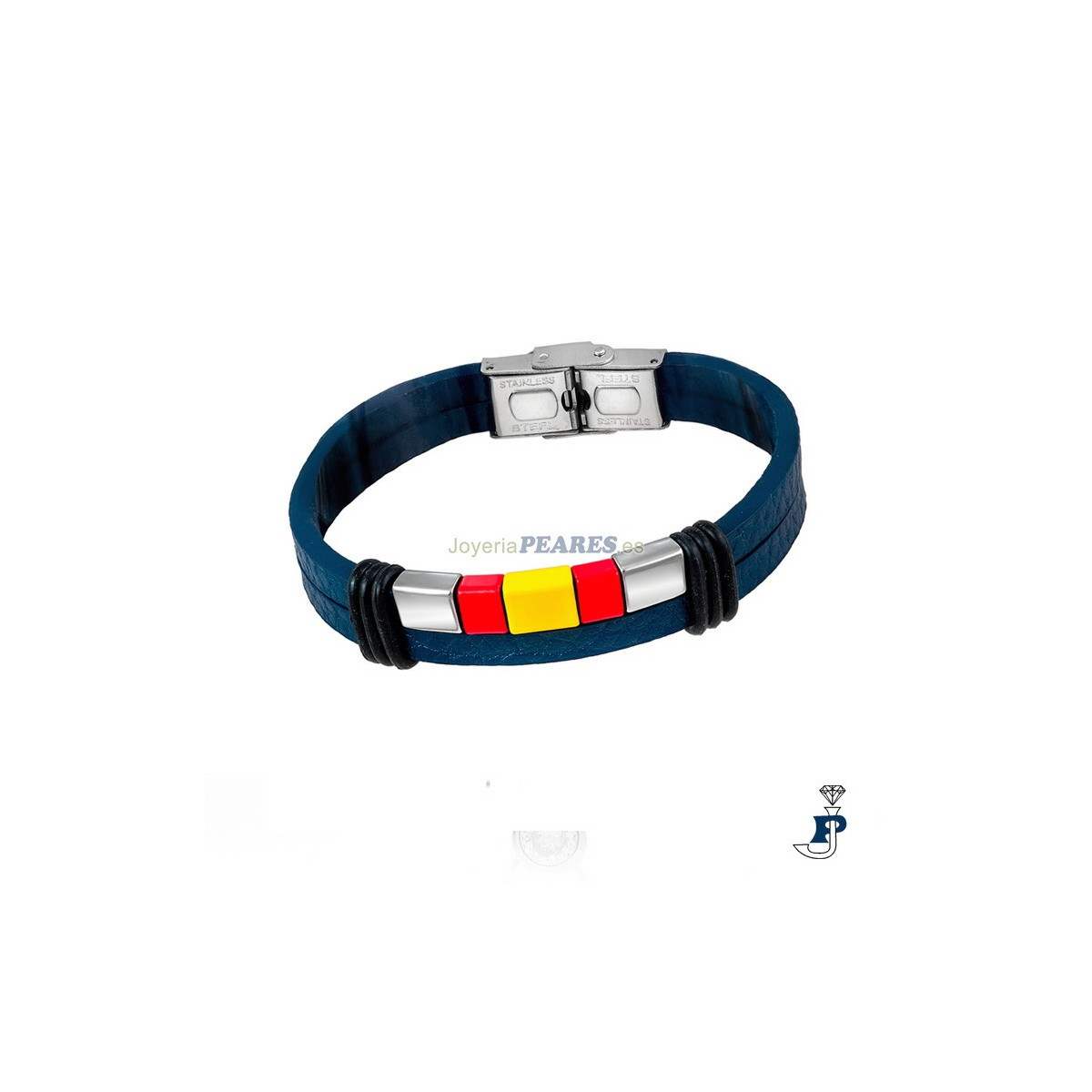 Pulsera de cuero azul y acero con la bandera de España. - 182.167-A9H