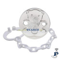 Pinza de chupete con forma de circular y un gravado de oso con una pañoleta. - 188.GA0041P Pinza de chupete con forma de circular y un gravado de oso con una pañoleta. - 188.GA0041P